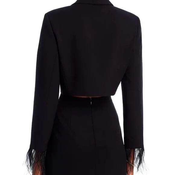 WAYF Kismit Black Feather Trim Cropped Jacket Blazer XS NWT Chic Statement - Picture 8 of 8